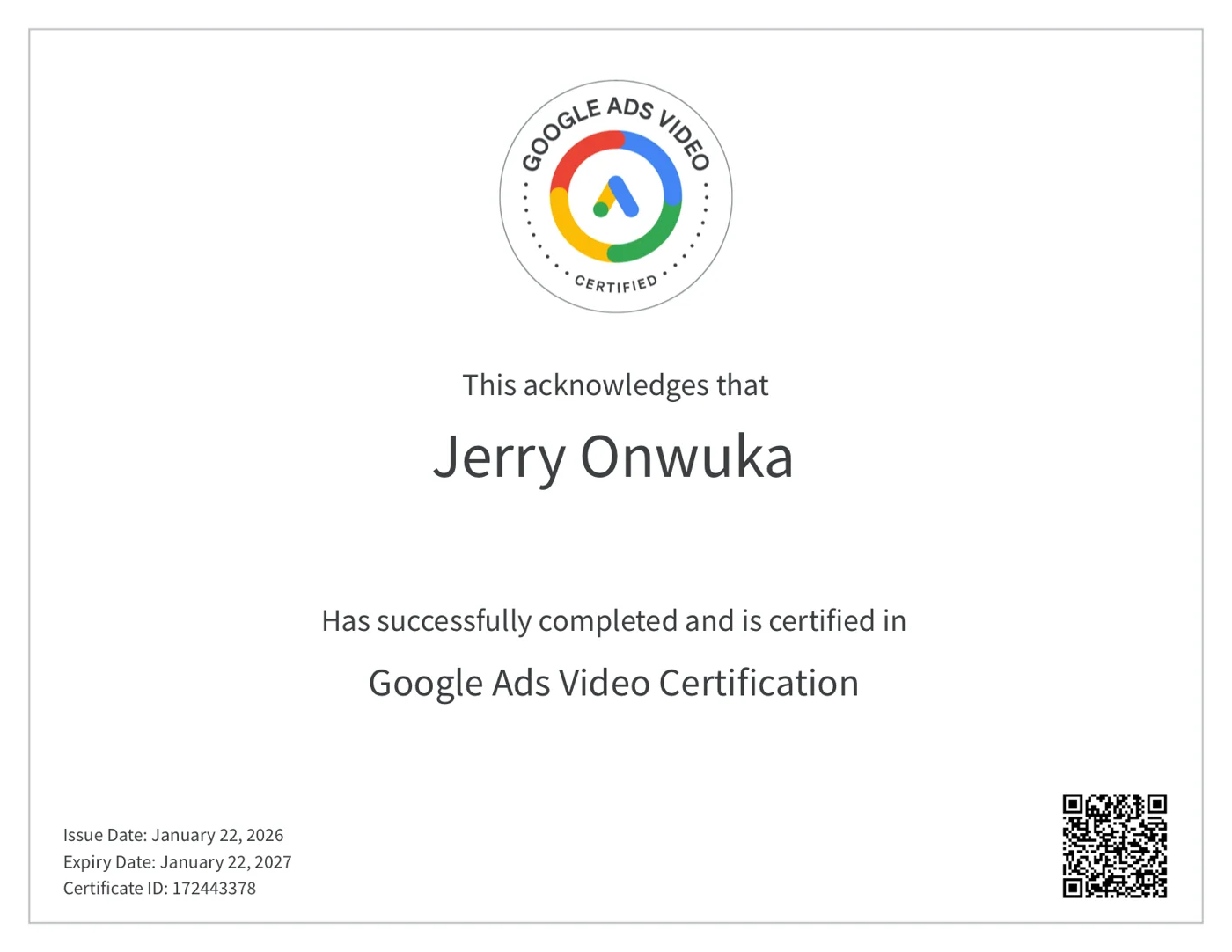 Google Ads Video Certification certificate